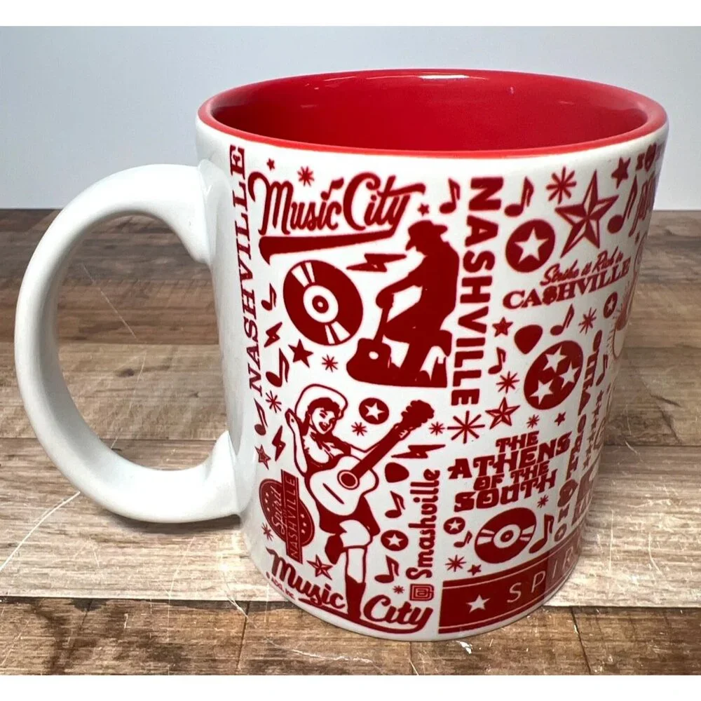 Nashville Music City Red & White Ceramic Mug With Iconic Tennessee Graphics - Picture 3 of 4